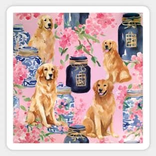 Golden Retrievers, cherry blossom and chinoiserie jars seamless pattern Sticker